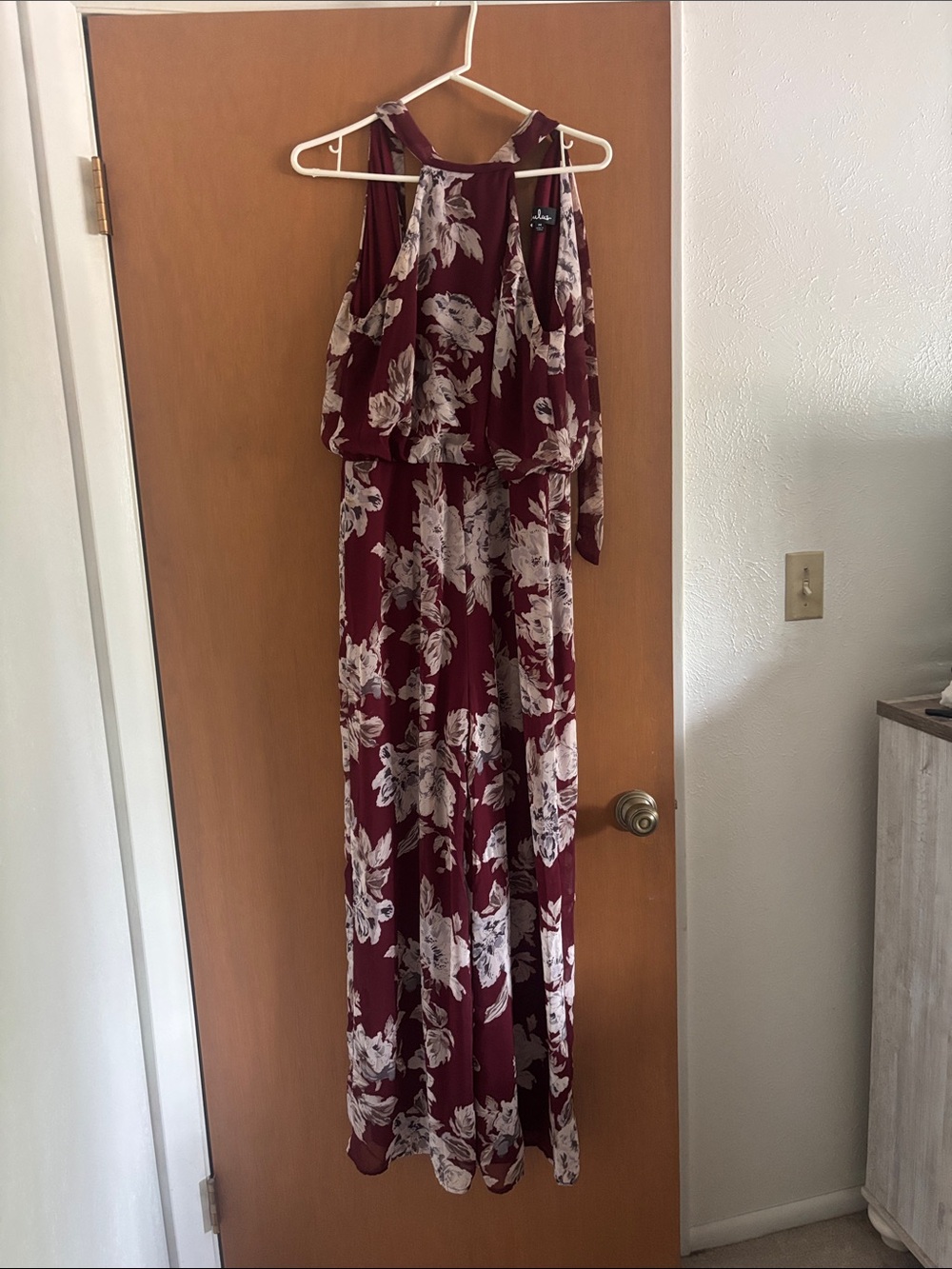 Lulu's Burgundy Floral Halter Maxi Jumpsuit